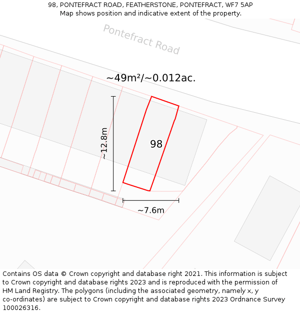98, PONTEFRACT ROAD, FEATHERSTONE, PONTEFRACT, WF7 5AP: Plot and title map