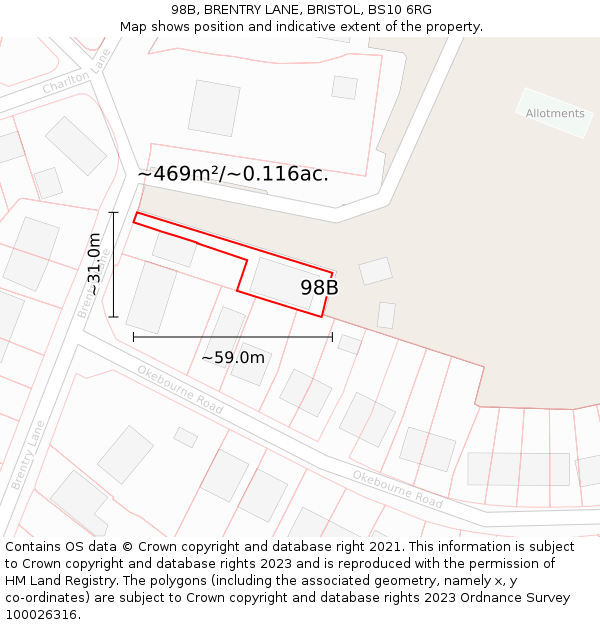 98B, BRENTRY LANE, BRISTOL, BS10 6RG: Plot and title map
