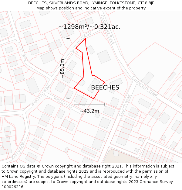 BEECHES, SILVERLANDS ROAD, LYMINGE, FOLKESTONE, CT18 8JE: Plot and title map