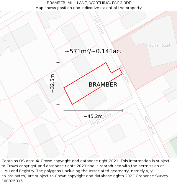BRAMBER, MILL LANE, WORTHING, BN13 3DF: Plot and title map