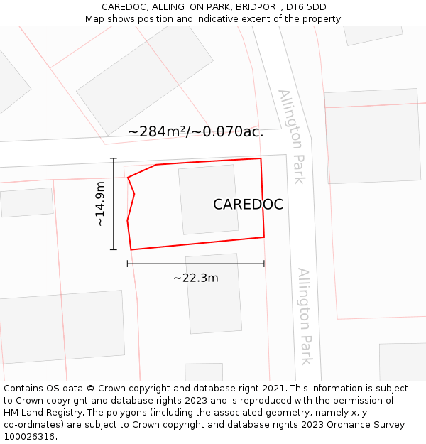CAREDOC, ALLINGTON PARK, BRIDPORT, DT6 5DD: Plot and title map