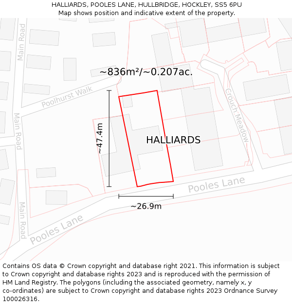 HALLIARDS, POOLES LANE, HULLBRIDGE, HOCKLEY, SS5 6PU: Plot and title map