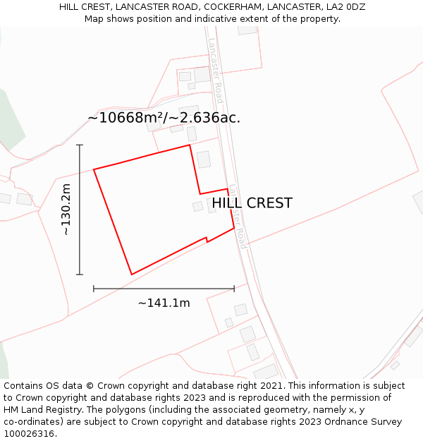 HILL CREST, LANCASTER ROAD, COCKERHAM, LANCASTER, LA2 0DZ: Plot and title map