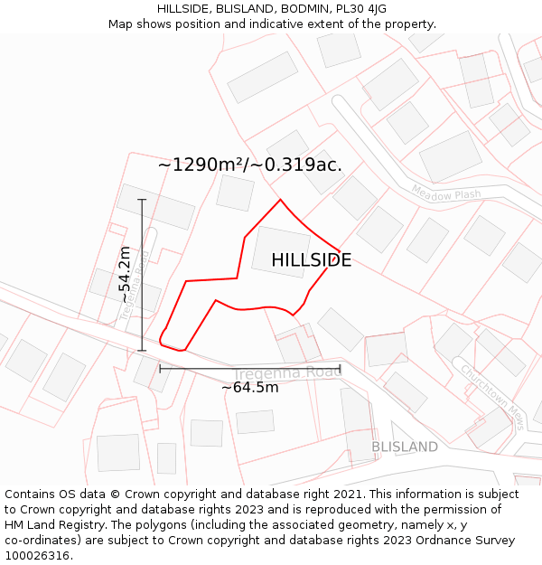 HILLSIDE, BLISLAND, BODMIN, PL30 4JG: Plot and title map