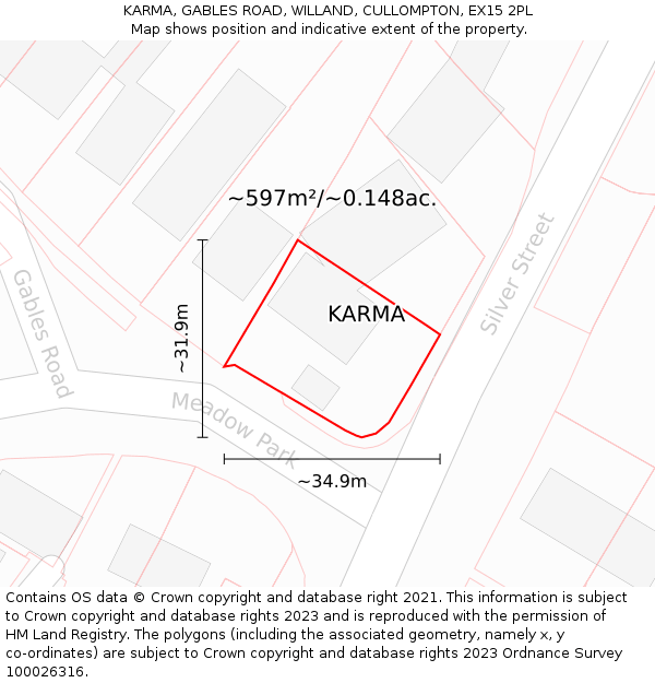 KARMA, GABLES ROAD, WILLAND, CULLOMPTON, EX15 2PL: Plot and title map