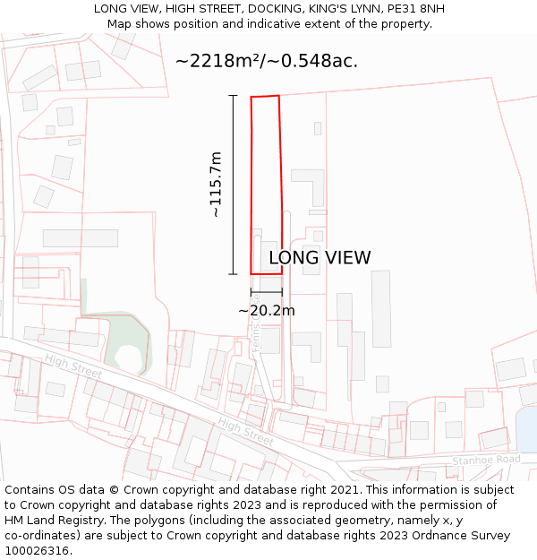 LONG VIEW, HIGH STREET, DOCKING, KING'S LYNN, PE31 8NH: Plot and title map