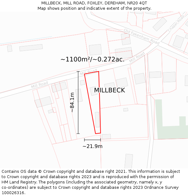 MILLBECK, MILL ROAD, FOXLEY, DEREHAM, NR20 4QT: Plot and title map