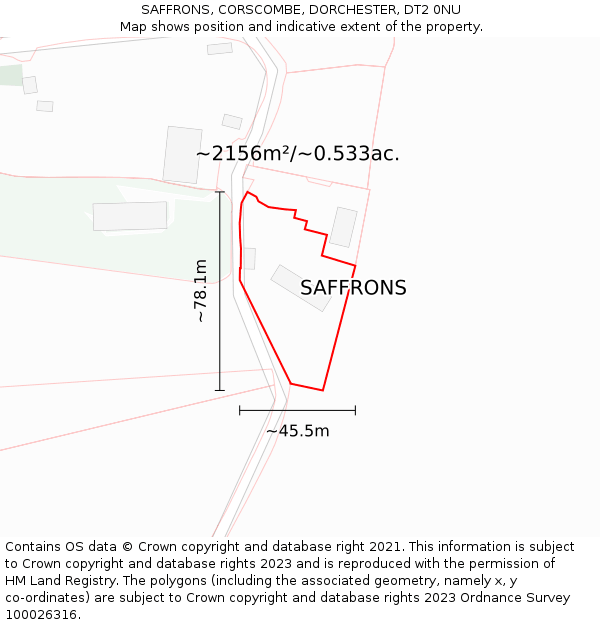 SAFFRONS, CORSCOMBE, DORCHESTER, DT2 0NU: Plot and title map