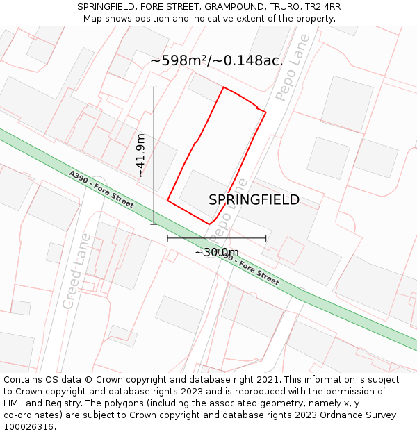 SPRINGFIELD, FORE STREET, GRAMPOUND, TRURO, TR2 4RR: Plot and title map