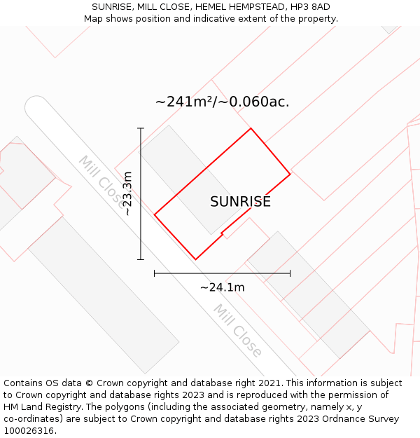 SUNRISE, MILL CLOSE, HEMEL HEMPSTEAD, HP3 8AD: Plot and title map