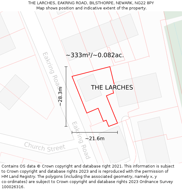 THE LARCHES, EAKRING ROAD, BILSTHORPE, NEWARK, NG22 8PY: Plot and title map