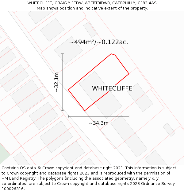 WHITECLIFFE, GRAIG Y FEDW, ABERTRIDWR, CAERPHILLY, CF83 4AS: Plot and title map