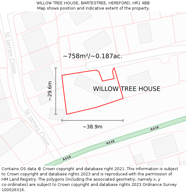 WILLOW TREE HOUSE, BARTESTREE, HEREFORD, HR1 4BB: Plot and title map