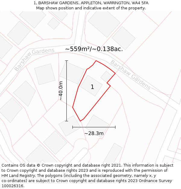 1, BARSHAW GARDENS, APPLETON, WARRINGTON, WA4 5FA: Plot and title map