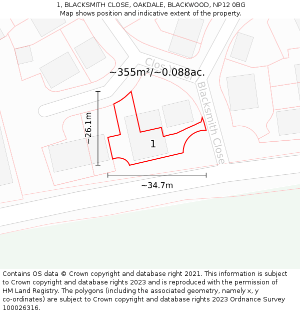 1, BLACKSMITH CLOSE, OAKDALE, BLACKWOOD, NP12 0BG: Plot and title map