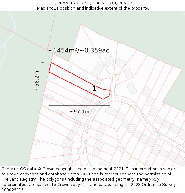 1, BRAMLEY CLOSE, ORPINGTON, BR6 8JS: Plot and title map