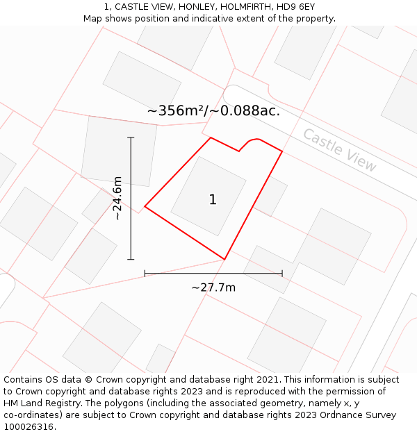 1, CASTLE VIEW, HONLEY, HOLMFIRTH, HD9 6EY: Plot and title map