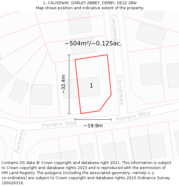 1, CAUSEWAY, DARLEY ABBEY, DERBY, DE22 2BW: Plot and title map