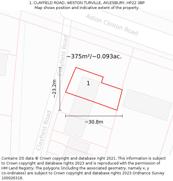 1, CLAYFIELD ROAD, WESTON TURVILLE, AYLESBURY, HP22 3BP: Plot and title map