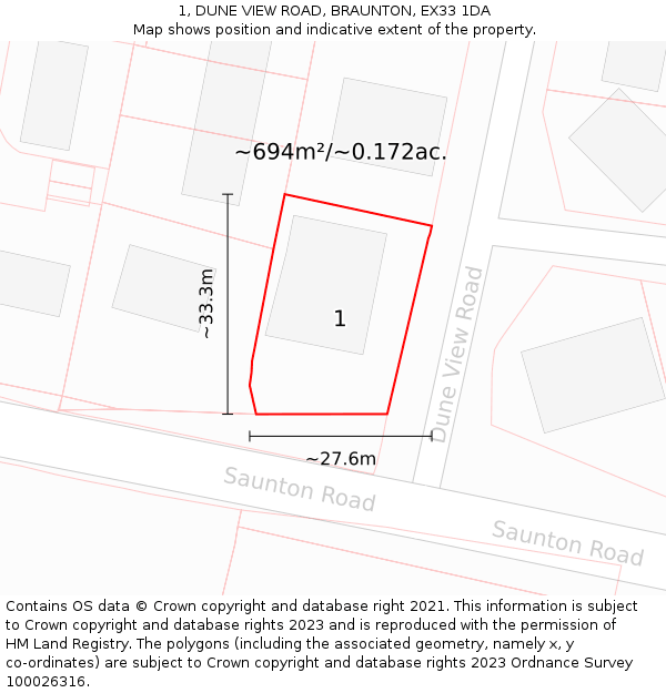 1, DUNE VIEW ROAD, BRAUNTON, EX33 1DA: Plot and title map