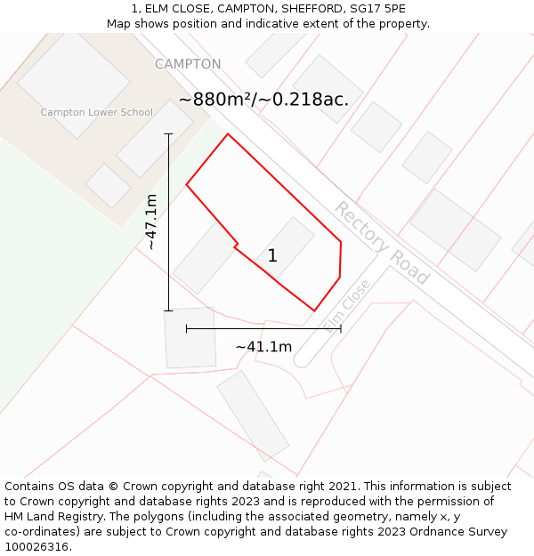 1, ELM CLOSE, CAMPTON, SHEFFORD, SG17 5PE: Plot and title map