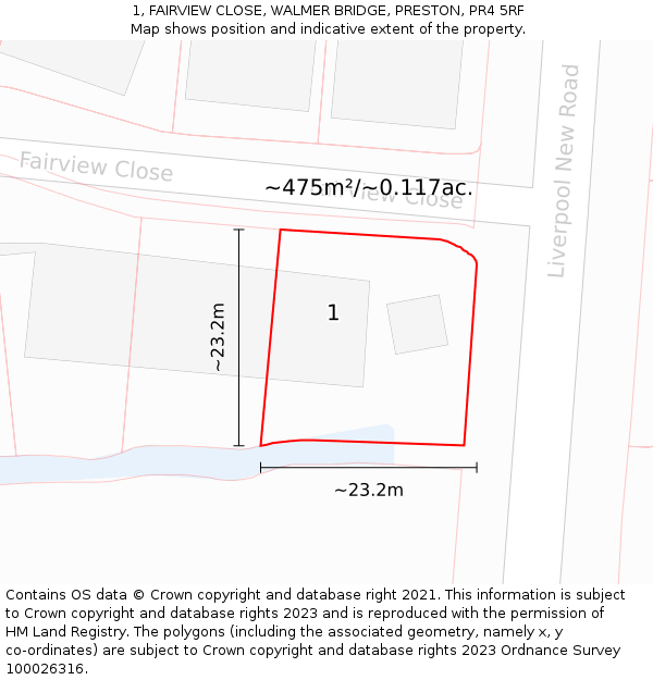 1, FAIRVIEW CLOSE, WALMER BRIDGE, PRESTON, PR4 5RF: Plot and title map