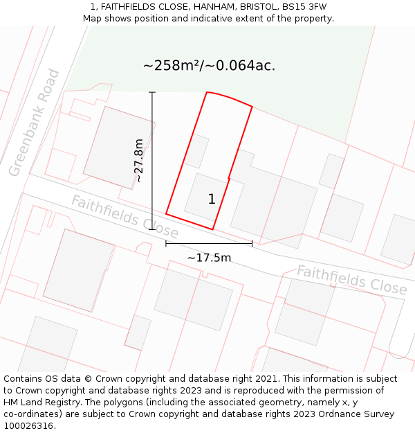 1, FAITHFIELDS CLOSE, HANHAM, BRISTOL, BS15 3FW: Plot and title map