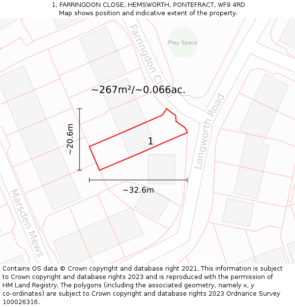 1, FARRINGDON CLOSE, HEMSWORTH, PONTEFRACT, WF9 4RD: Plot and title map