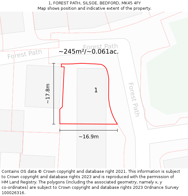 1, FOREST PATH, SILSOE, BEDFORD, MK45 4FY: Plot and title map