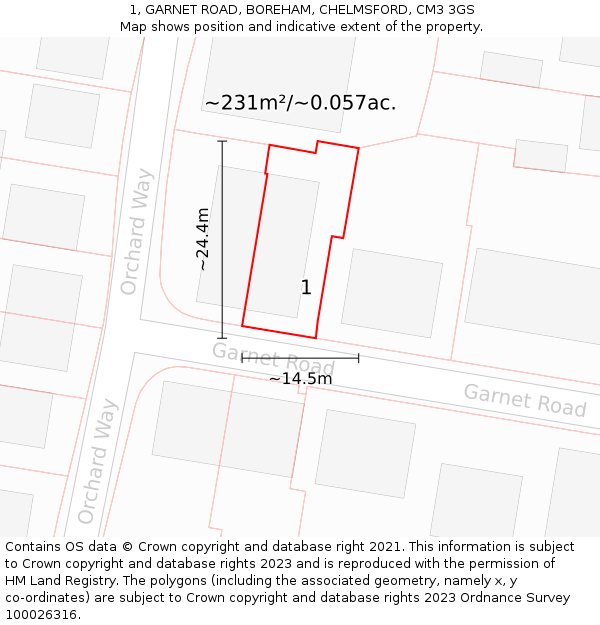 1, GARNET ROAD, BOREHAM, CHELMSFORD, CM3 3GS: Plot and title map