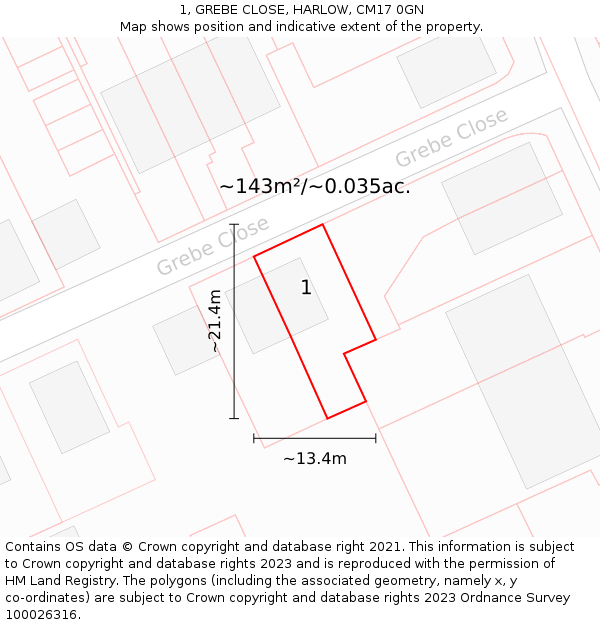 1, GREBE CLOSE, HARLOW, CM17 0GN: Plot and title map