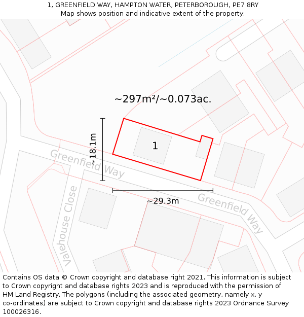 1, GREENFIELD WAY, HAMPTON WATER, PETERBOROUGH, PE7 8RY: Plot and title map