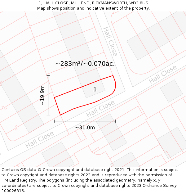 1, HALL CLOSE, MILL END, RICKMANSWORTH, WD3 8US: Plot and title map