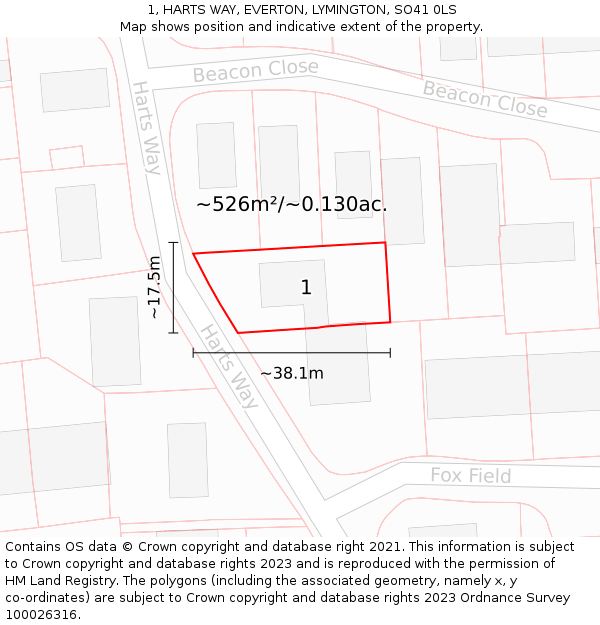 1, HARTS WAY, EVERTON, LYMINGTON, SO41 0LS: Plot and title map