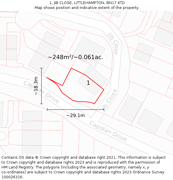 1, JIB CLOSE, LITTLEHAMPTON, BN17 6TD: Plot and title map
