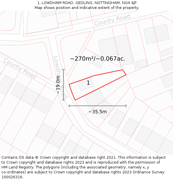 1, LOWDHAM ROAD, GEDLING, NOTTINGHAM, NG4 4JP: Plot and title map