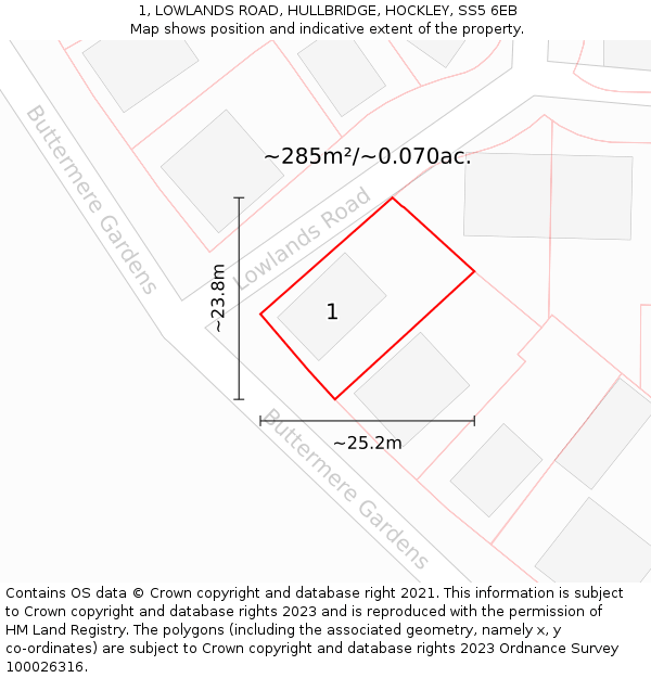 1, LOWLANDS ROAD, HULLBRIDGE, HOCKLEY, SS5 6EB: Plot and title map