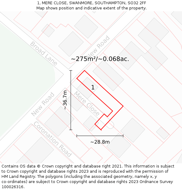 1, MERE CLOSE, SWANMORE, SOUTHAMPTON, SO32 2FF: Plot and title map