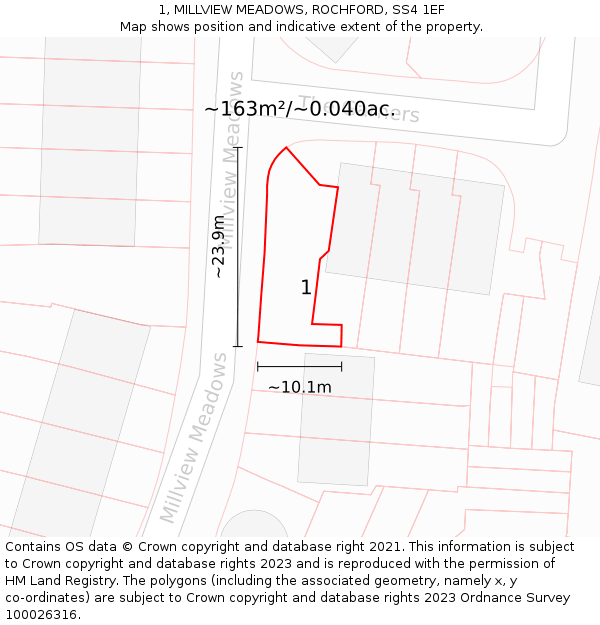 1, MILLVIEW MEADOWS, ROCHFORD, SS4 1EF: Plot and title map