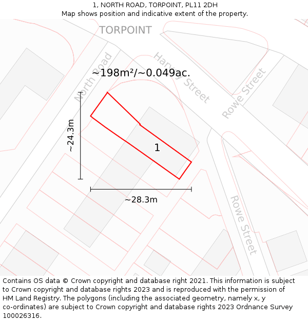 1, NORTH ROAD, TORPOINT, PL11 2DH: Plot and title map