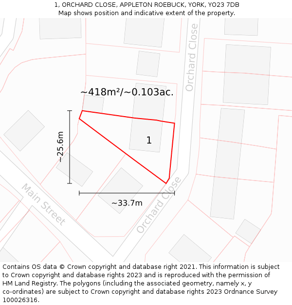1, ORCHARD CLOSE, APPLETON ROEBUCK, YORK, YO23 7DB: Plot and title map
