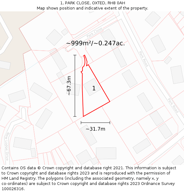 1, PARK CLOSE, OXTED, RH8 0AH: Plot and title map