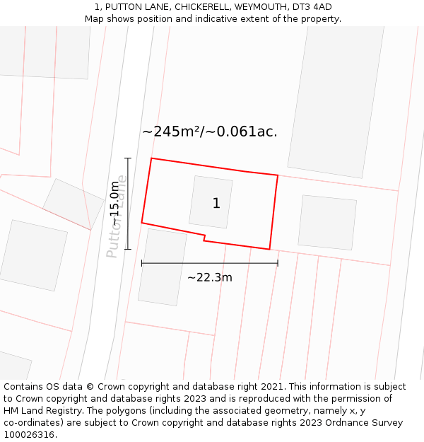 1, PUTTON LANE, CHICKERELL, WEYMOUTH, DT3 4AD: Plot and title map