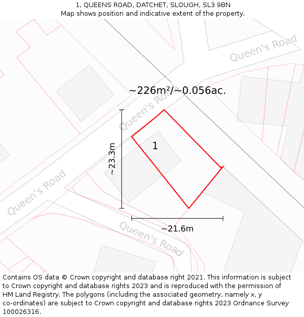1, QUEENS ROAD, DATCHET, SLOUGH, SL3 9BN: Plot and title map