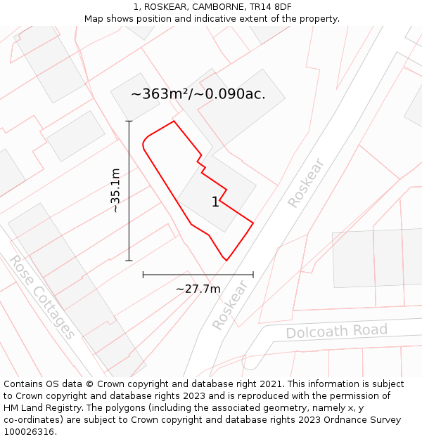1, ROSKEAR, CAMBORNE, TR14 8DF: Plot and title map
