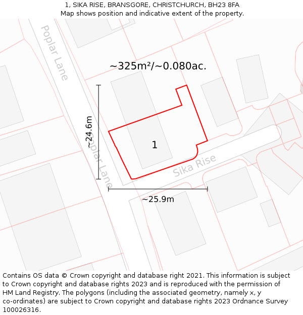 1, SIKA RISE, BRANSGORE, CHRISTCHURCH, BH23 8FA: Plot and title map