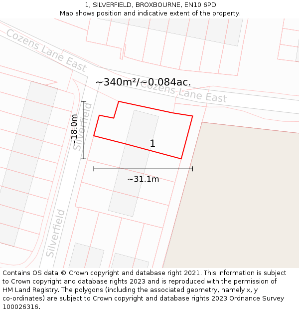 1, SILVERFIELD, BROXBOURNE, EN10 6PD: Plot and title map