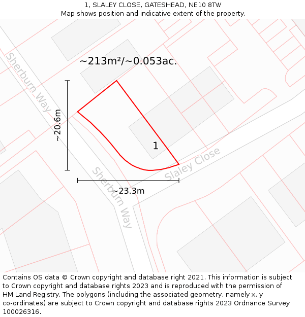 1, SLALEY CLOSE, GATESHEAD, NE10 8TW: Plot and title map