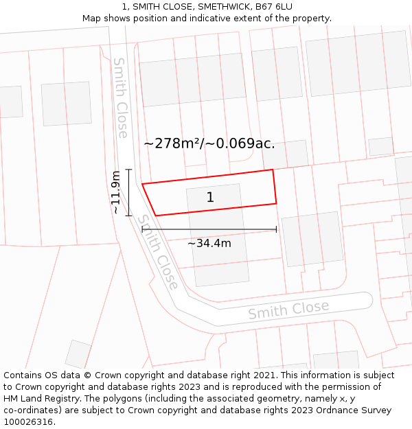1, SMITH CLOSE, SMETHWICK, B67 6LU: Plot and title map