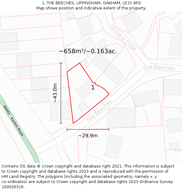 1, THE BEECHES, UPPINGHAM, OAKHAM, LE15 9PG: Plot and title map